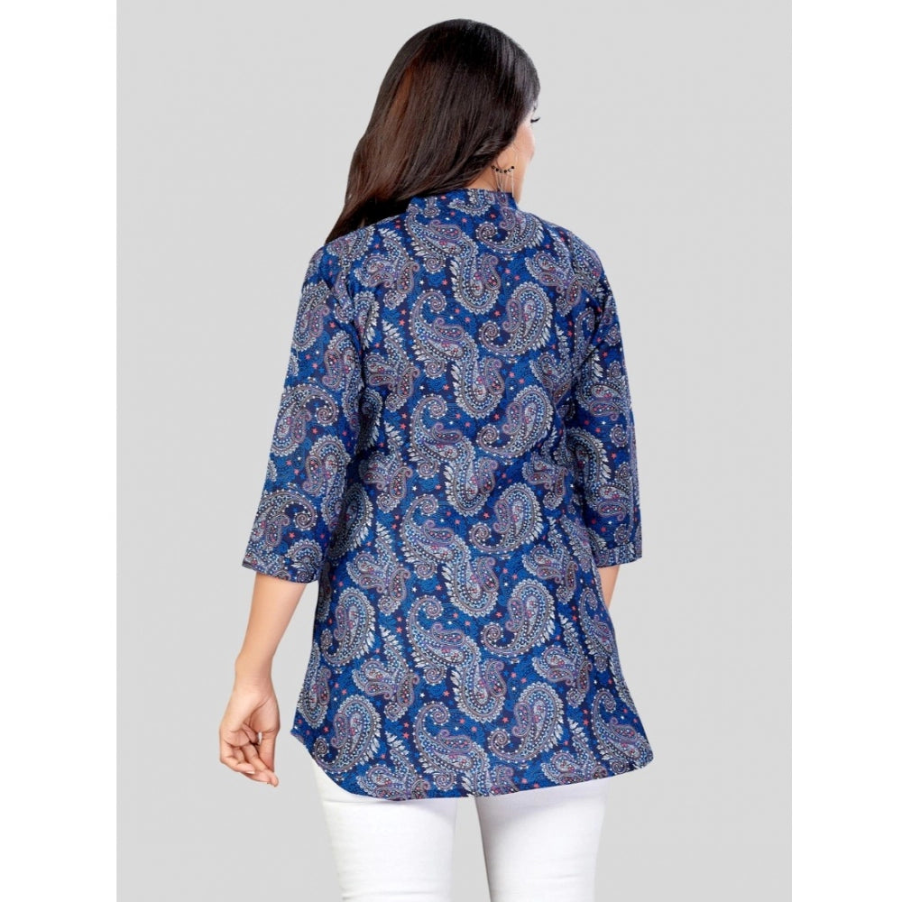 Generic Women's Cotton Blend Mandarin Collar 3/4 Sleeves Short Top (Blue)