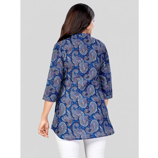 Generic Women's Cotton Blend Mandarin Collar 3/4 Sleeves Short Top (Blue)