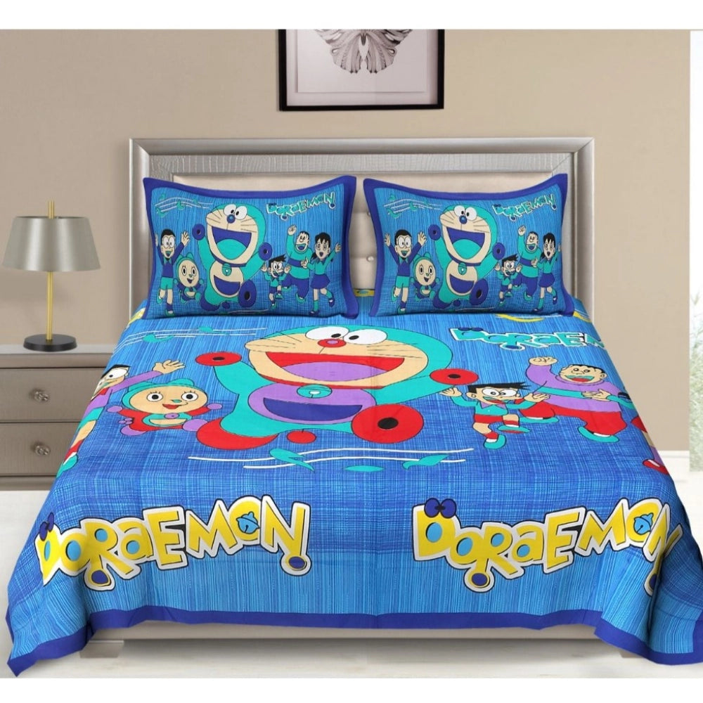 Generic Cotton Printed Queen Size Bedsheet With 2 Pillow Covers (Blue, 90x100 Inch)