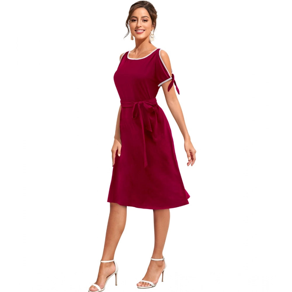 Generic Women's Knitting stretchable Solid Round Neck Sleeveless Dress (Maroon)