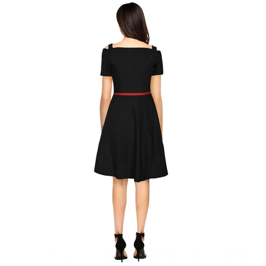 Generic Women's Polyester Solid V Neck Cap Sleeve Dress (Black)