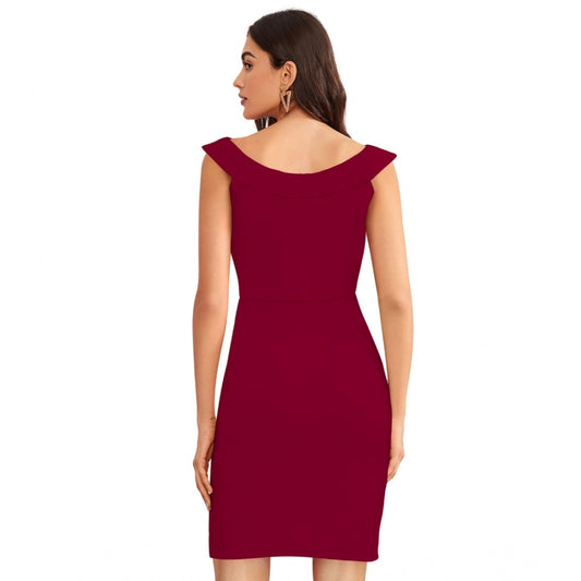 Generic Women's Knitting stretchable Solid Round Neck Sleeveless Dress (Maroon)