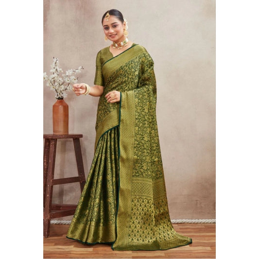 Generic Women's Silk Blend Floral Printed Saree With Unstitched Blouse 5.5Mtr (Green)