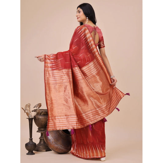 Generic Women's Linen Cotton Printed Saree With Unstitched Blouse 5.5Mtr (Red)