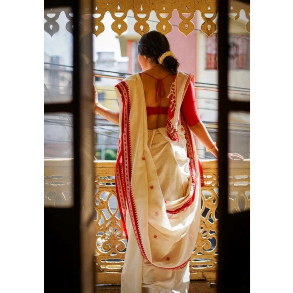 Generic Women's Cotton Printed Saree With Unstitched Blouse 5.5Mtr (White)