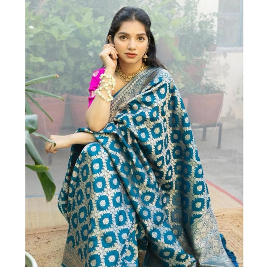 Generic Women's Silk Printed Saree With Unstitched Blouse 5.5Mtr (Sky Blue)
