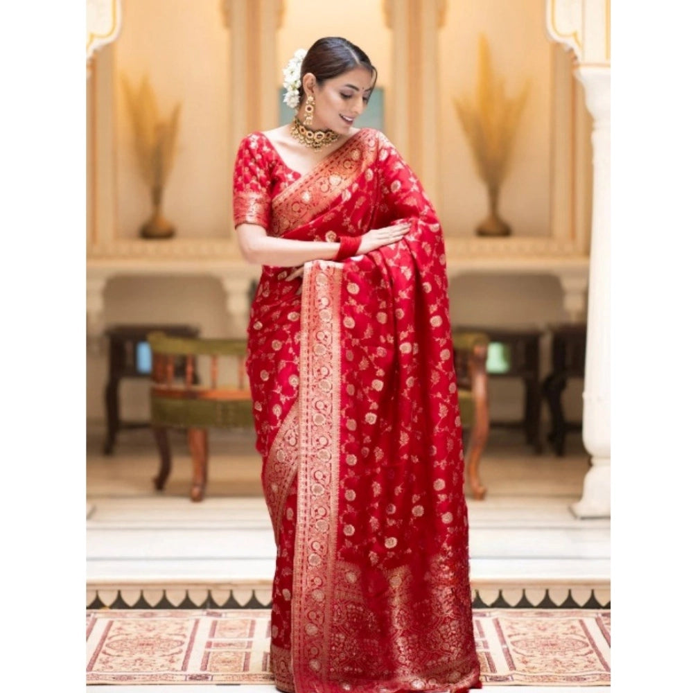 Generic Women's Silk Printed Saree With Unstitched Blouse 5.5Mtr (Red)
