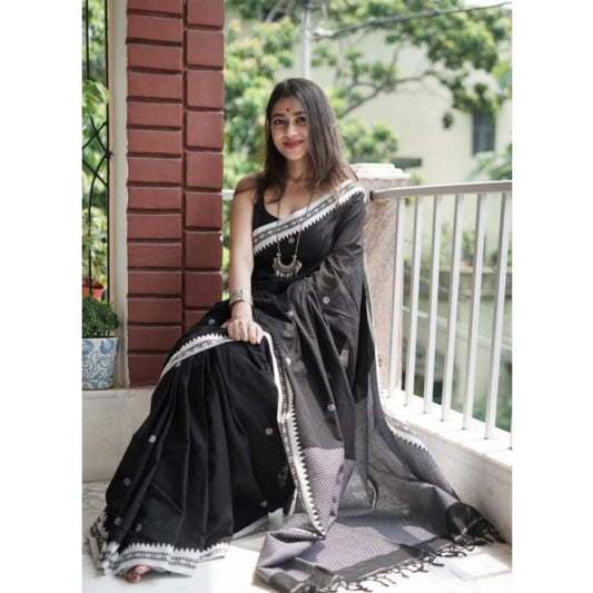 Generic Women's Cotton Printed Saree With Unstitched Blouse 5.5Mtr (Black)