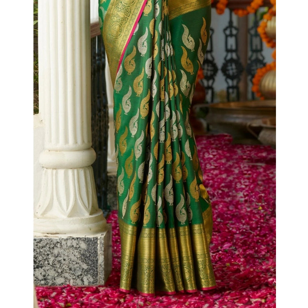 Generic Women's Silk Printed Saree With Unstitched Blouse 5.5Mtr (Green)