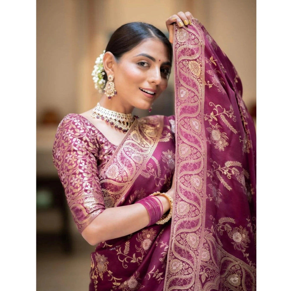 Generic Women's Silk Printed Saree With Unstitched Blouse 5.5Mtr (Wine)