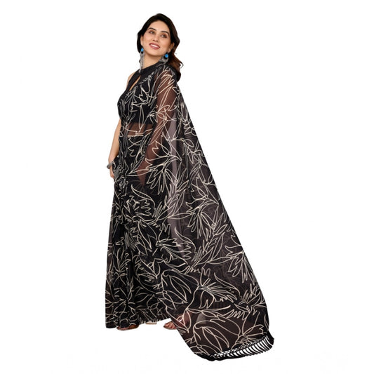 Generic Women's Zalar Lace Georgette Printed Ready-to-Wear Saree With Unstitched Blouse 5.5 Mtr (Black)