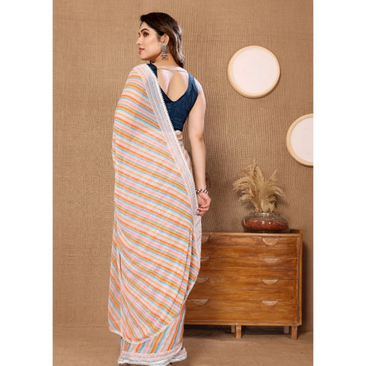 Generic Women's Small Lace Georgette Striped Ready-to-Wear Saree With Unstitched Blouse 5.5 Mtr (Orange)