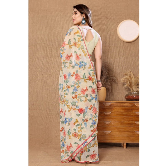 Generic Women's Small Lace Georgette Printed Ready-to-Wear Saree With Unstitched Blouse 5.5 Mtr (Off White)