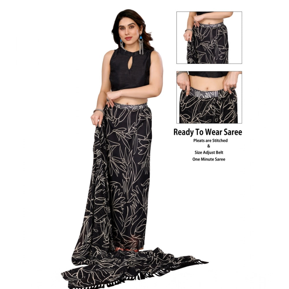 Generic Women's Zalar Lace Georgette Printed Ready-to-Wear Saree With Unstitched Blouse 5.5 Mtr (Black)