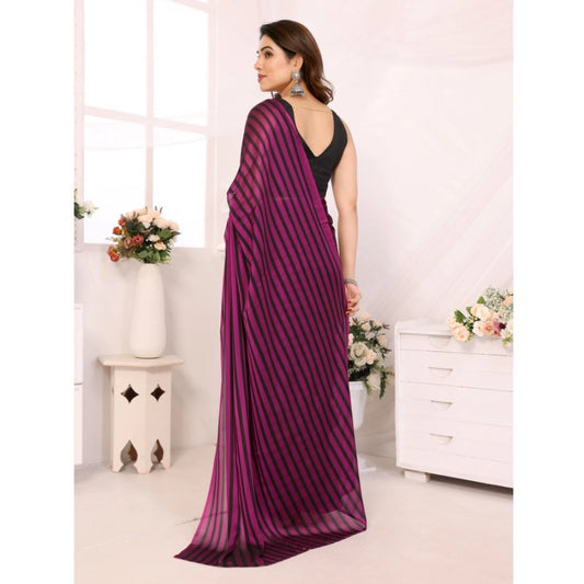 Generic Women's Black Berry Striped Ready-to-Wear Saree With Unstitched Blouse 5.5 Mtr (Purple-Black)