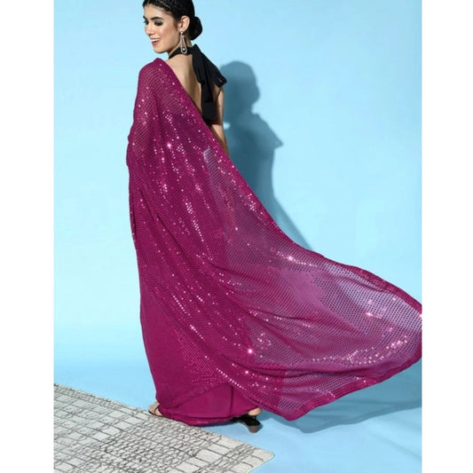 Generic Women's Georgette Embellished Sequnece Bollywood Saree With Unstitched Blouse 5.5Mtr (Wine)