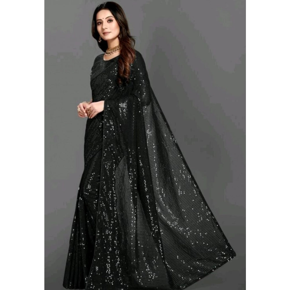 Generic Women's Georgette Embellished Sequnece Bollywood Saree With Unstitched Blouse 5.5Mtr (Black)