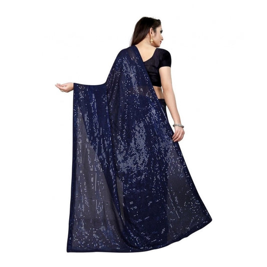 Generic Women's Georgette Embellished Sequnece Bollywood Saree With Unstitched Blouse 5.5Mtr (Blue)