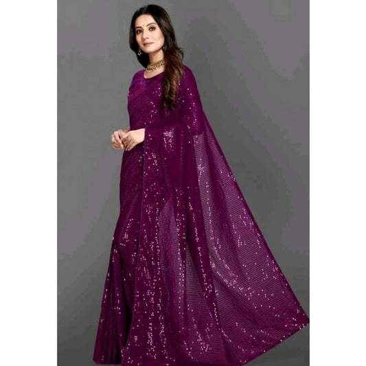 Generic Women's Georgette Embellished Sequnece Bollywood Saree With Unstitched Blouse 5.5Mtr (Purple)