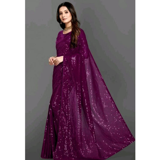 Generic Women's Georgette Embellished Sequnece Bollywood Saree With Unstitched Blouse 5.5Mtr (Purple)