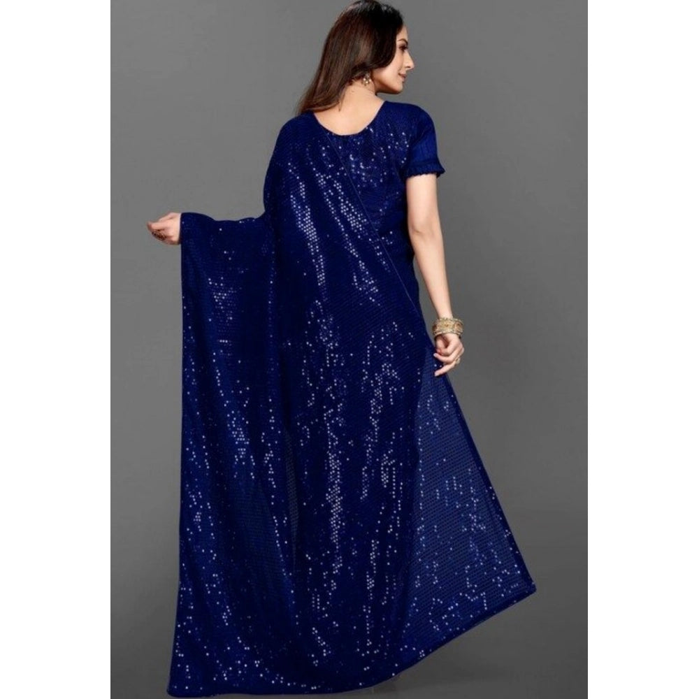 Generic Women's Georgette Embellished Sequnece Bollywood Saree With Unstitched Blouse 5.5Mtr (Blue)