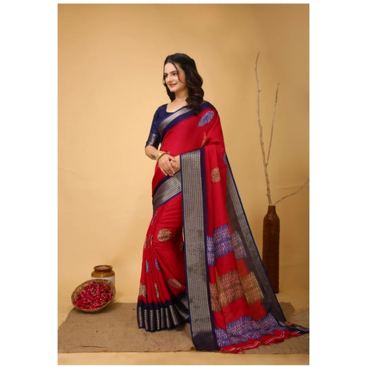 Generic Women's Soft Blooming Marshmallow Fabric Kalamkari Printed Saree With Unstitched Blouse 5.5Mtr (Red)