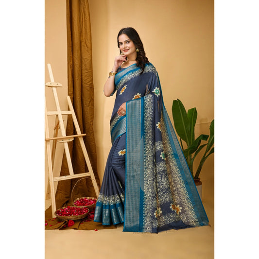 Generic Women's Soft Blooming Marshmallow Fabric Kalamkari Printed Saree With Unstitched Blouse 5.5Mtr (Grey)