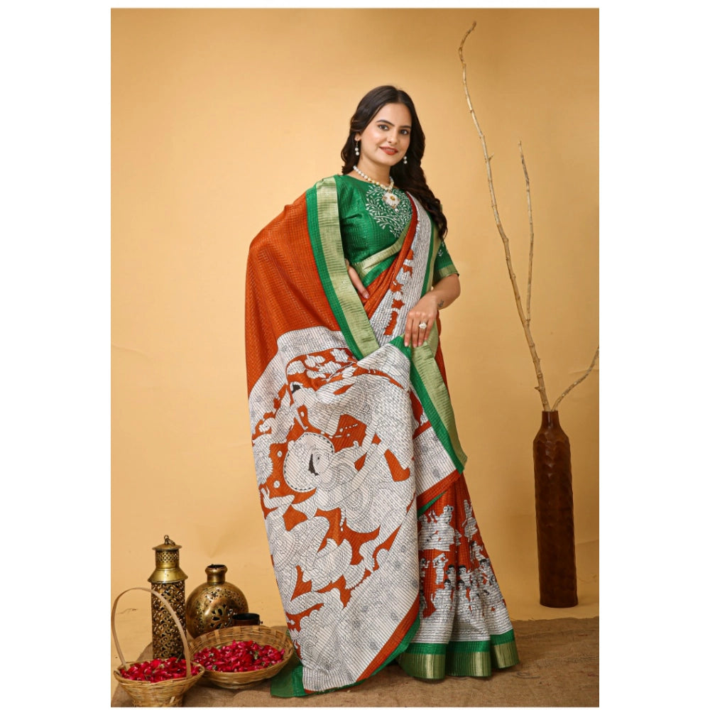 Generic Women's Soft Handloom Cotton Kalamkari Printed Saree With Unstitched Blouse 5.5Mtr (Orange)