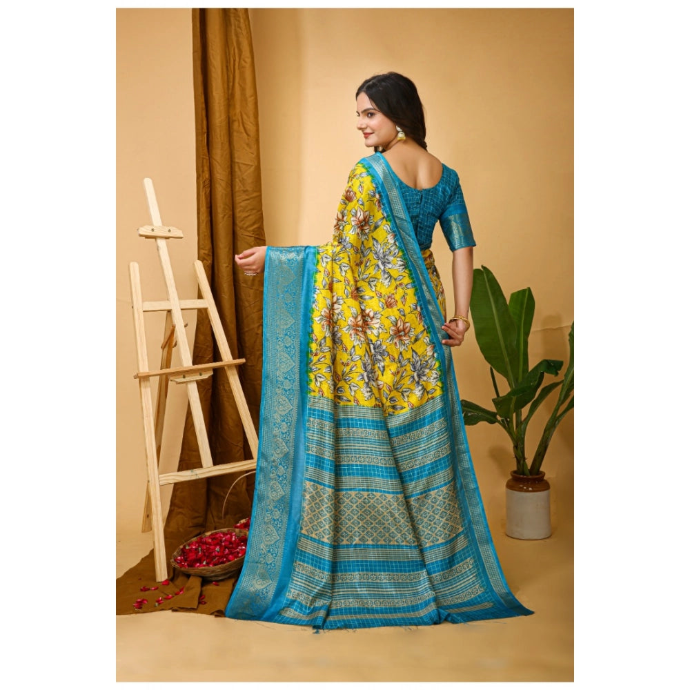 Generic Women's Soft Dola Cotton Kalamkari Printed Saree With Unstitched Blouse 5.5Mtr (Yellow)