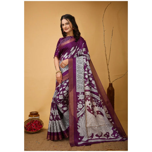 Generic Women's Soft Handloom Cotton Kalamkari Printed Saree With Unstitched Blouse 5.5Mtr (Purple)