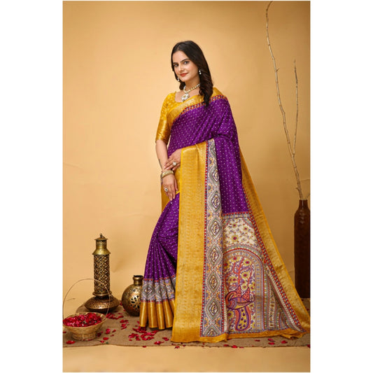 Generic Women's Soft Dola Cotton Kalamkari Printed Saree With Unstitched Blouse 5.5Mtr (Purple)