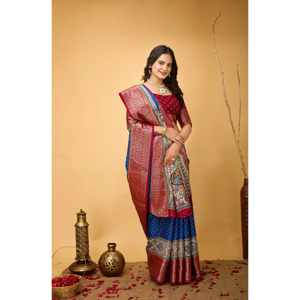 Generic Women's Soft Dola Cotton Kalamkari Printed Saree With Unstitched Blouse 5.5Mtr (Blue)