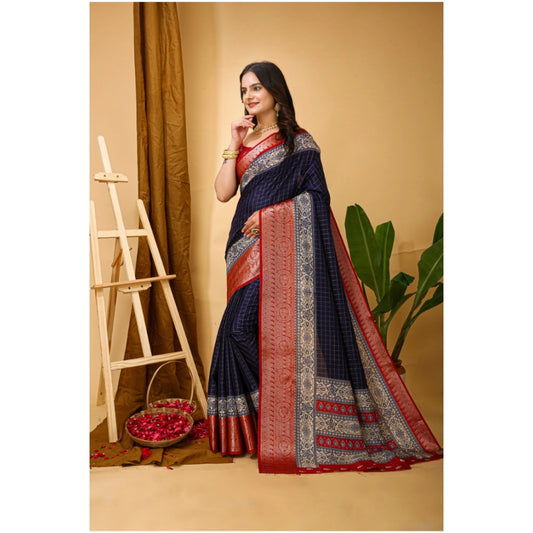 Generic Women's Soft Dola Cotton Kalamkari Printed Saree With Unstitched Blouse 5.5Mtr (Navy Blue)