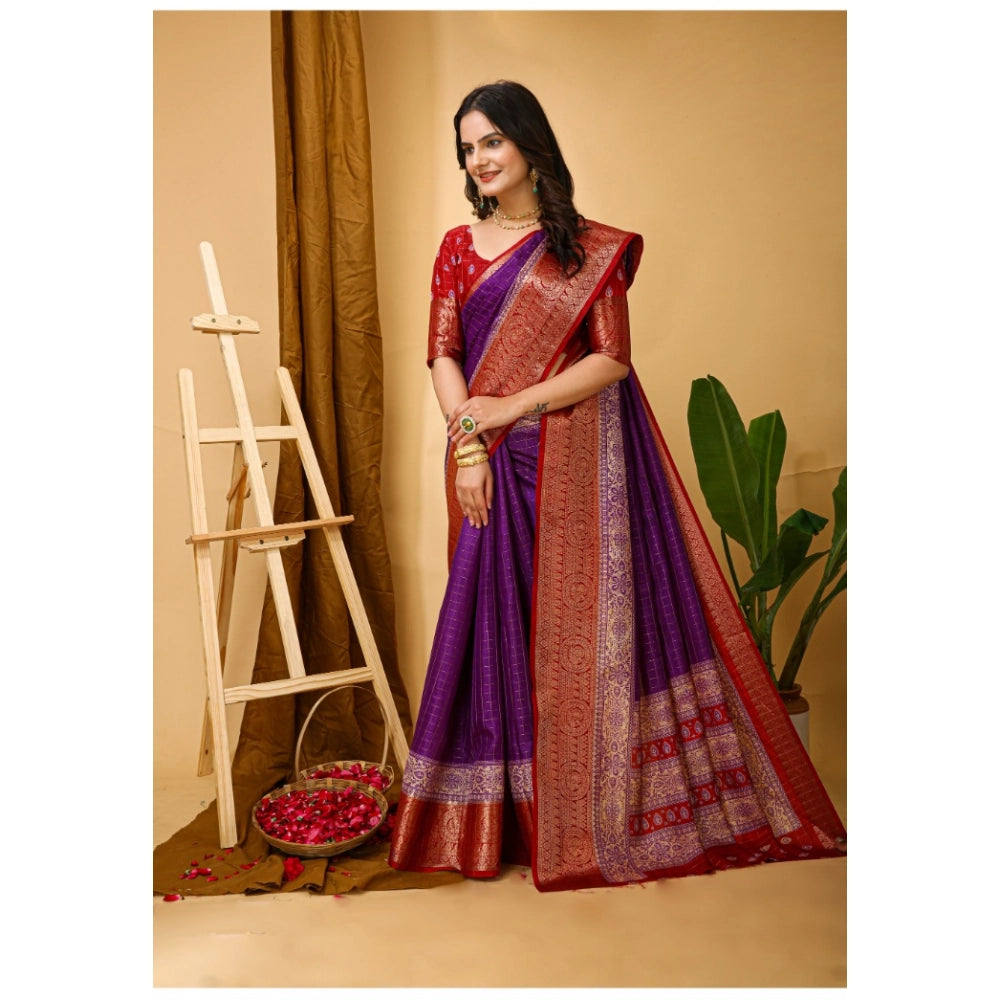 Generic Women's Soft Dola Cotton Kalamkari Printed Saree With Unstitched Blouse 5.5Mtr (Purple)