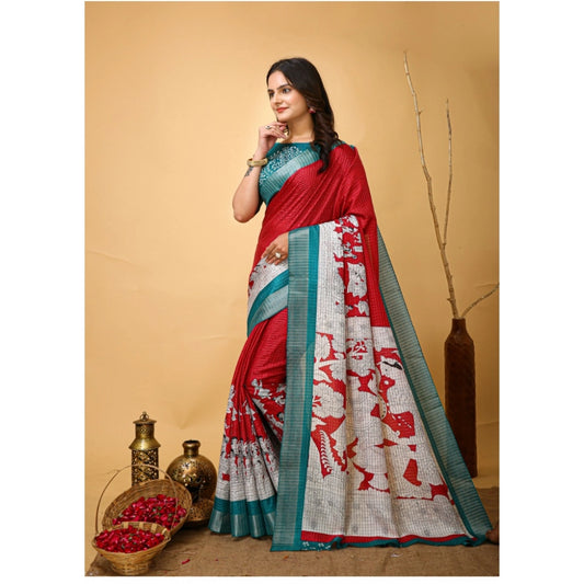 Generic Women's Soft Handloom Cotton Kalamkari Printed Saree With Unstitched Blouse 5.5Mtr (Red)