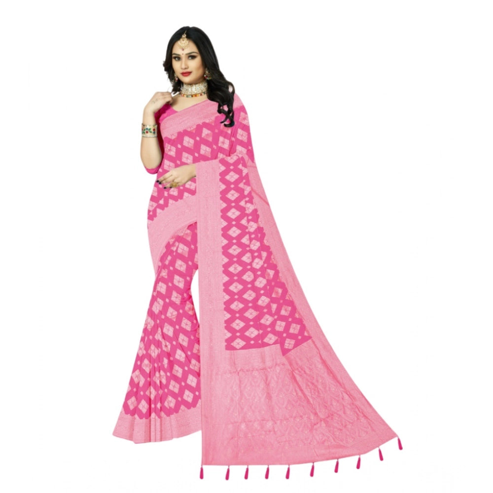 Generic Women's Cotton Printed Saree With Unstitched Blouse 5.5Mtr (Pink)