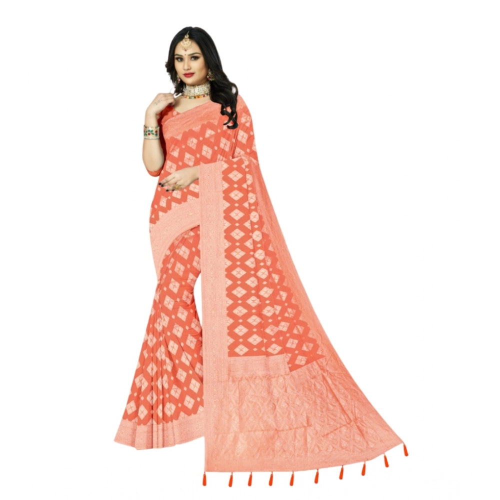 Generic Women's Cotton Printed Saree With Unstitched Blouse 5.5Mtr (Orange)