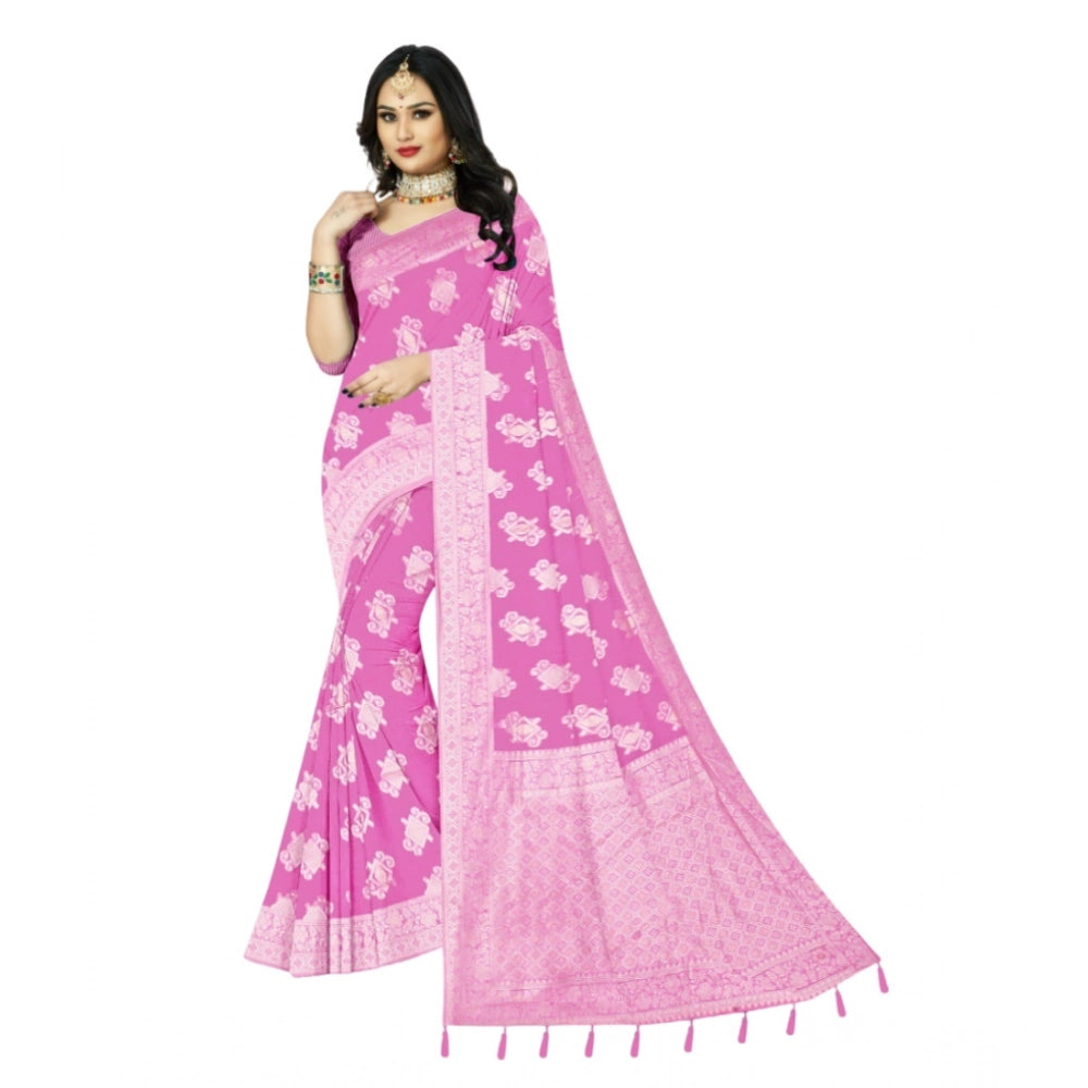 Generic Women's Cotton Printed Saree With Unstitched Blouse 5.5Mtr (Pink)