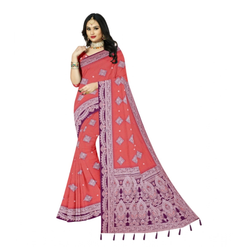 Generic Women's Cotton Printed Saree With Unstitched Blouse 5.5Mtr (Peach)