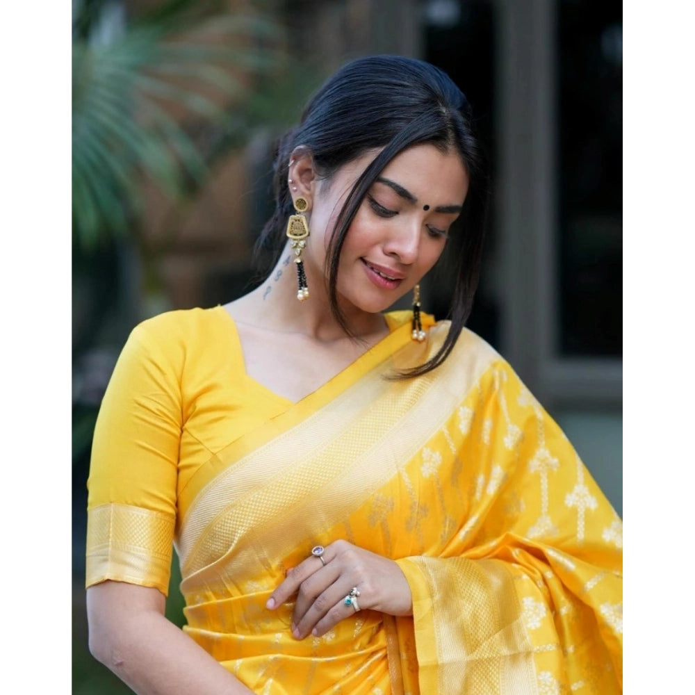 Generic Women's Silk Blend Self Design Banarasi Saree With Unstitched Blouse (5.5Mtr, Yellow)