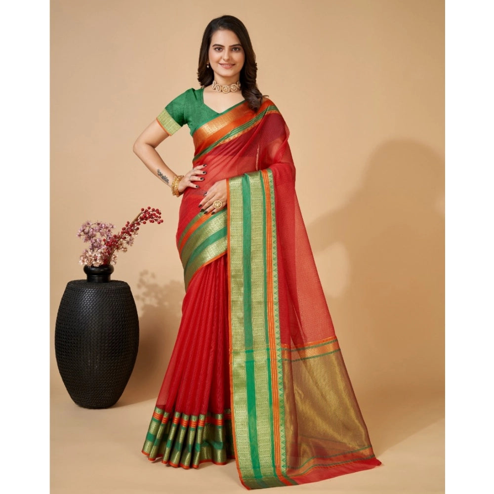 Generic Women's Cotton Blend Woven Saree With Unstitched Blouse (5.5Mtr, Red)