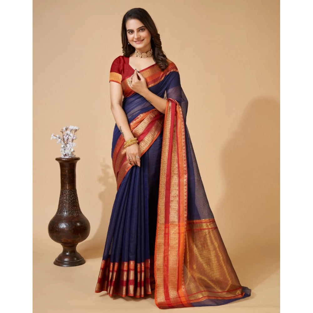 Generic Women's Cotton Blend Woven Saree With Unstitched Blouse (5.5Mtr, Navy Blue)
