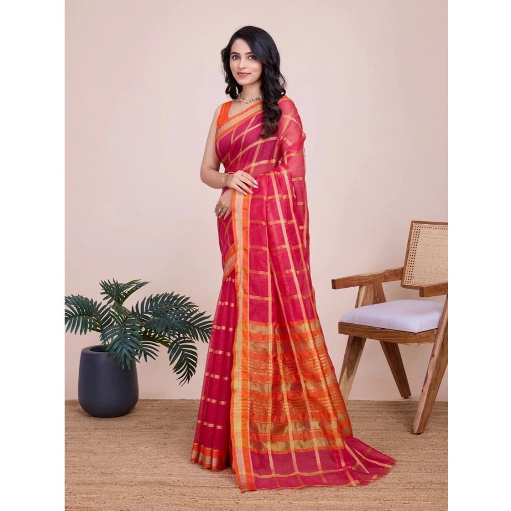 Generic Women's Cotton Silk Checkered Kota Doria Saree With Unstitched Blouse (5.5Mtr, Red)