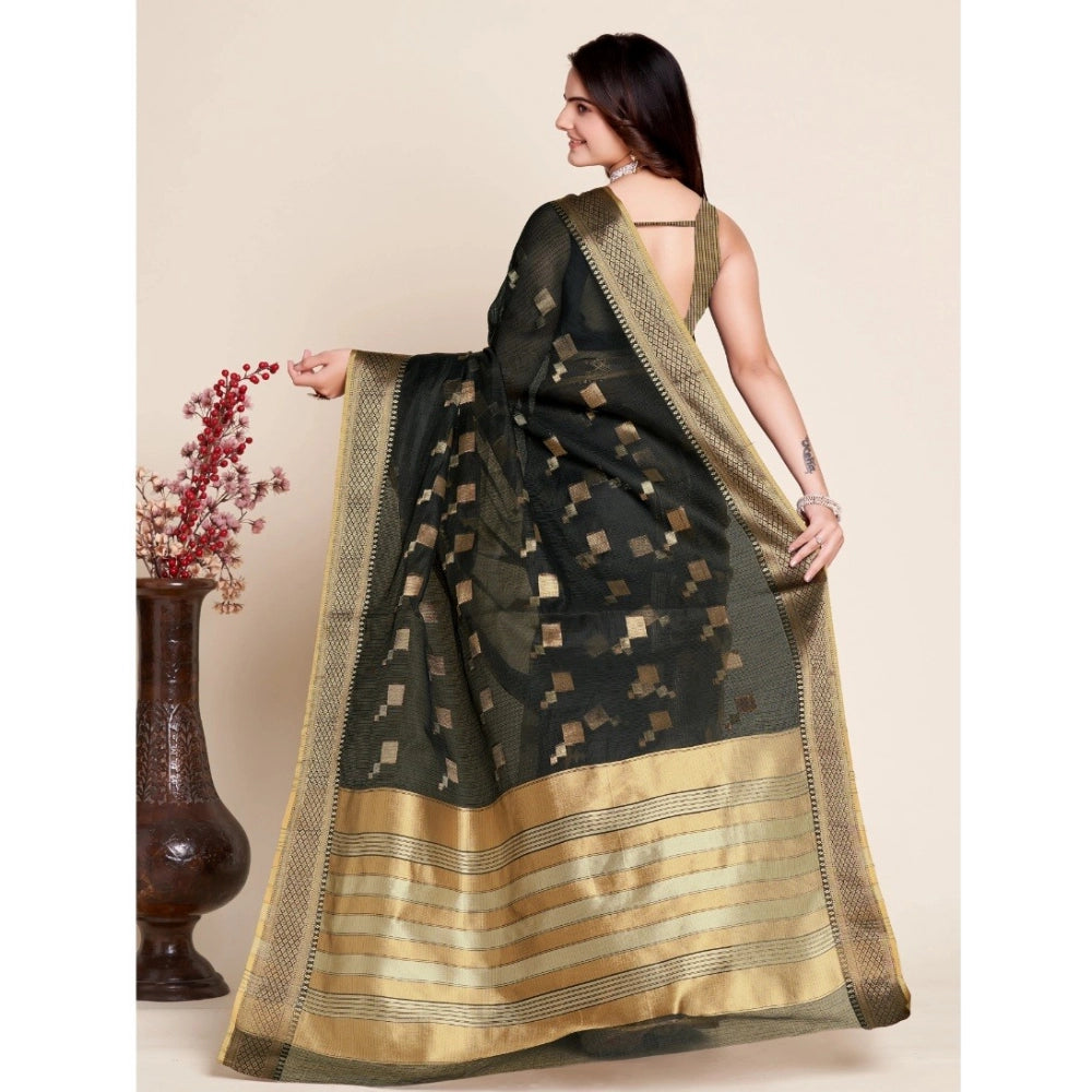 Generic Women's Silk Blend Printed Banarasi Saree With Unstitched Blouse (5.5Mtr, Black)