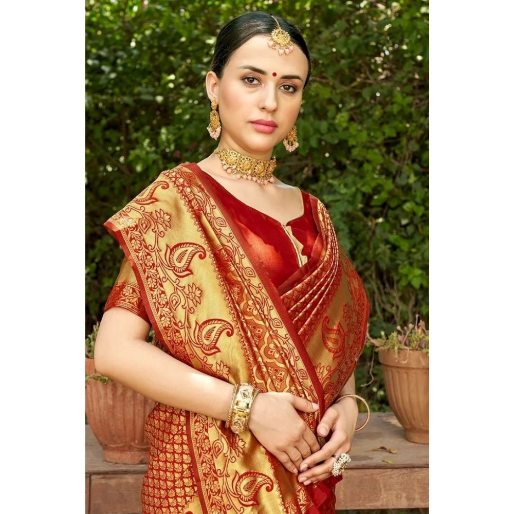 Generic Women's Silk Woven Kanjivaram Saree With Unstitched Blouse (5.5Mtr, Red)