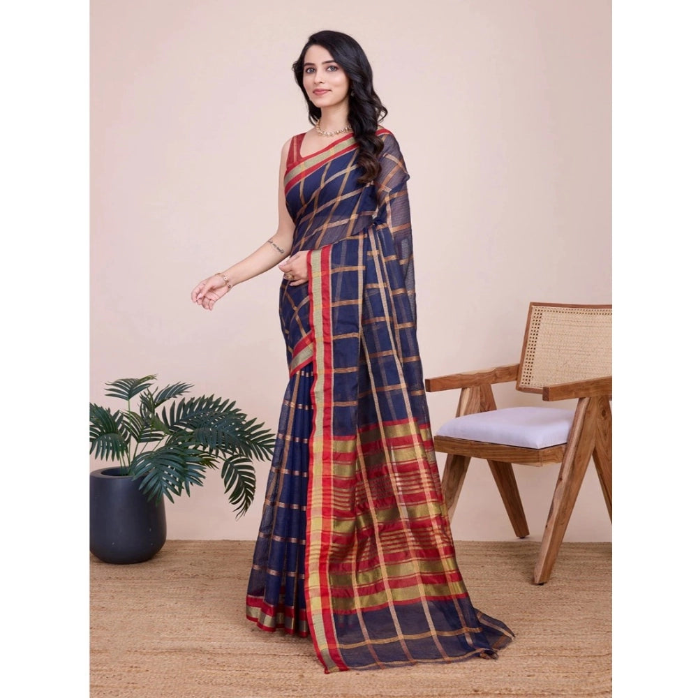 Generic Women's Cotton Silk Checkered Kota Doria Saree With Unstitched Blouse (5.5Mtr, Navy Blue)