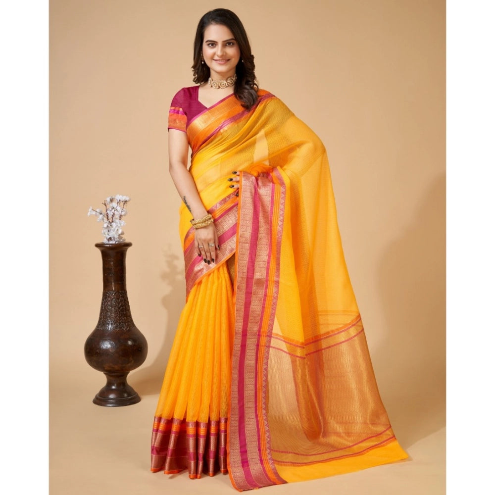 Generic Women's Cotton Blend Woven Saree With Unstitched Blouse (5.5Mtr, Yellow)