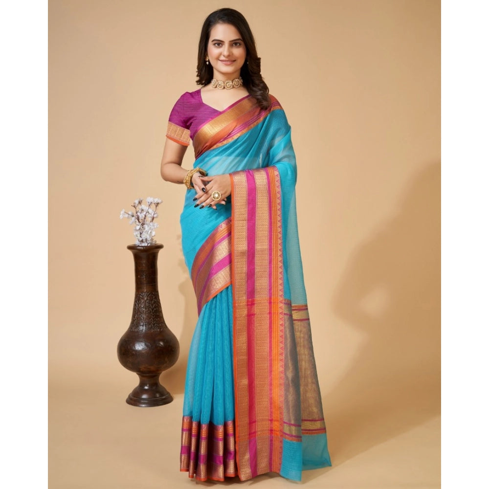 Generic Women's Cotton Blend Woven Saree With Unstitched Blouse (5.5Mtr, Blue)