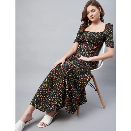 Generic Women's Polyester Moss Floral Square Neck Half Sleeve Dress (Black)