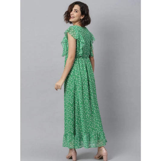 Generic Women's Polyester Floral Round Neck Short Sleeve Dress (Green)